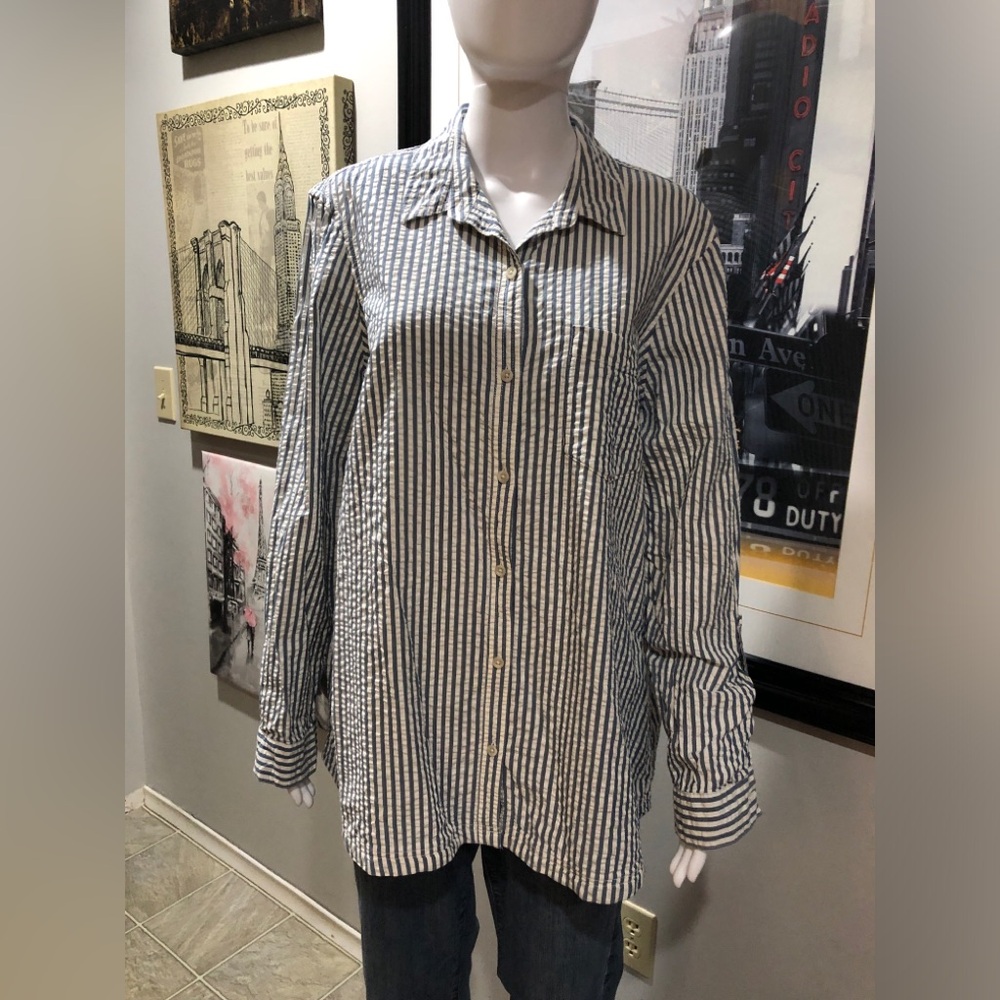 Eddie Bauer Women’s Classic Blue & White Striped Button-Down Shirt
Size XL
EUC